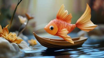 Cute orange goldfish in ceramic bowl surrounded by lily flowers for aquatic pet nature theme concept