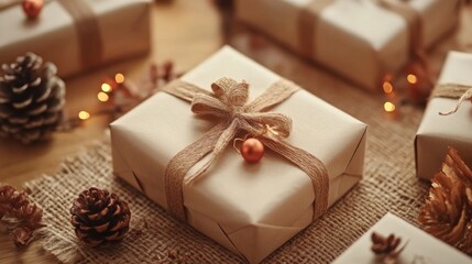 Wrapped holiday gift boxes with pinecones and lights for Christmas celebration or winter cozy scene