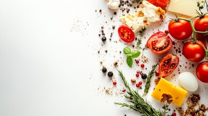 Flatlay of Mediterranean food with herbs spices and cheese on white background for gourmet cooking concept
