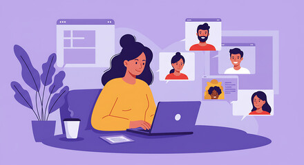 Flat Vector Illustration of a Remote Worker on a Video Conference. set for work from anywhere theme, remote work, lifestyle