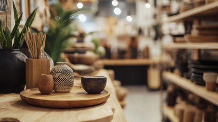 Wooden table with pottery and bowls in warm restaurant lighting for interior dining or rustic decor visuals