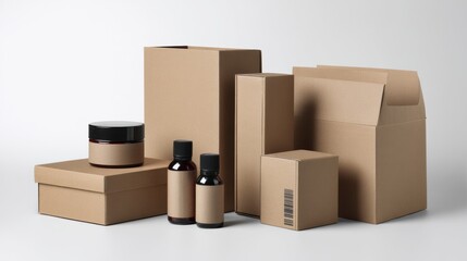 Set of cardboard and cosmetic packaging products on white background for branding skincare eco visuals