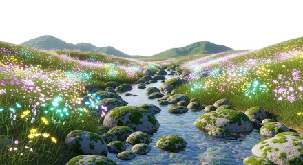 Peaceful Floral Stream Landscape with Mossy Rocks and Rolling Hills