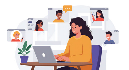 Flat Vector Illustration of a Remote Worker on a Video Conference. set for work from anywhere theme, remote work, lifestyle