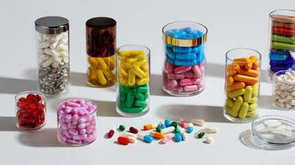Colorful vitamins and pills in glass jars on white background for pharmaceutical supplement medicine health visuals