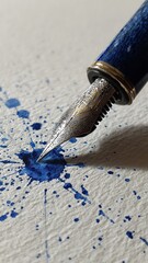 Close-up of a blue ink fountain pen drip.