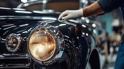 A mechanic applying a UV protectant coating to a freshly restored headlight