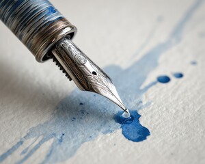 Elegant fountain pen with blue ink splashes.