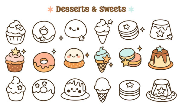 Delightful icon set featuring desserts and sweets, including cupcakes, ice cream, donuts, and macarons, perfect for any sweet themed project
