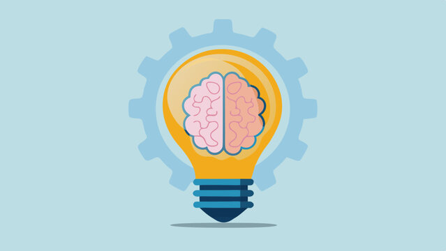 a lightbulb with a brain inside and a gear behind it on a light blue background