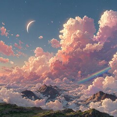 Cinematic Anime Sky with Rainbow Hued Clouds, Dreamy Gradient Cloudscape Panorama, Ethereal Atmosphere for Game Background