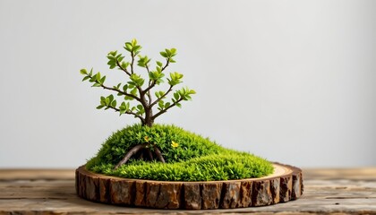 a small artificial bonsai tree set in a moss covered base mimicking a rocky island, positioned atop a wooden stump on a table. the background is neutral, highlighting the miniature landscape scene.