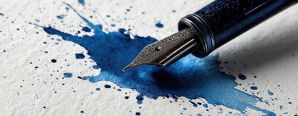 Blue ink splash with elegant fountain pen.