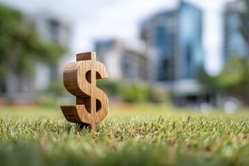 Wooden dollar sign on grass, city background