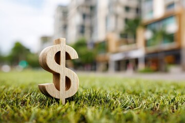 Wooden dollar sign in grassy field. Blurred city buildings background