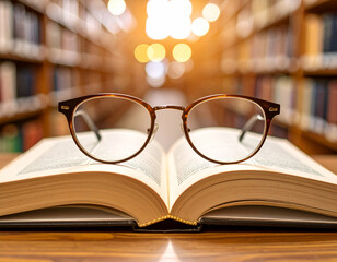 Fototapeta premium Open Book with Brown Glasses on Wooden Table in Library Setting