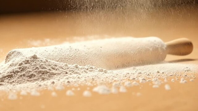 This video showcases a rolling pin covered in flour. Ideal for cooking tutorials and baking demonstrations. Inspire creativity in the kitchen. Generative AI