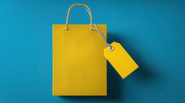 Single yellow gift or shopping bag with blank label tag isolated on blue background. - Powered by Adobe
