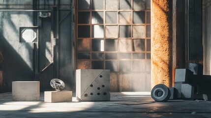 Sunlight in vintage workshop interior with sewing machine tools shadows and rustic furniture scene