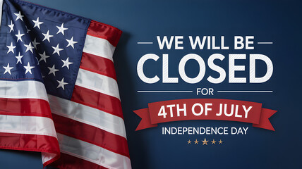 Celebrate the holiday, a waving American flag announces that we will be closed for the fourth of July independence day.