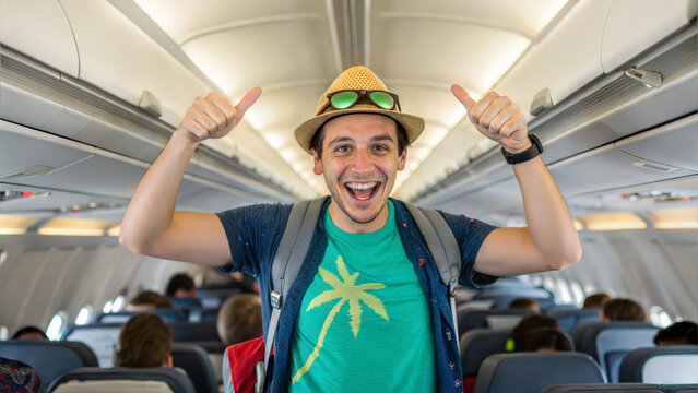 A happy traveler is on a plane giving a thumbs up sign. He is wearing sunglasses and a straw hat, symbolizing vacation and travel
