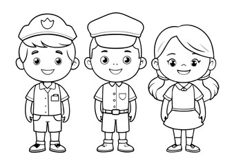 Fototapeta premium Cartoon Children in Uniforms A Black and White Coloring Page for Young Artists