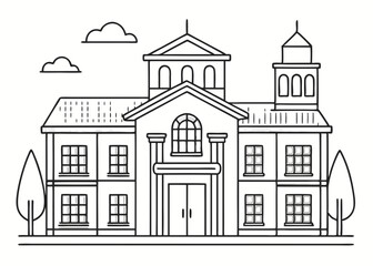 Line Art Illustration of a Grand school Building with Symmetrical Design and Classical Elements