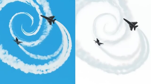 Two fighter jets performing aerial maneuvers, creating smoke trails against contrasting skies