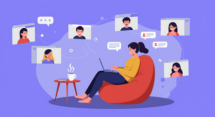 Flat Vector Illustration of a Remote Worker on a Video Conference. set for work from anywhere theme, remote work, lifestyle