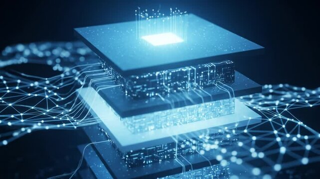 Data Processing with Blue Glowing Lines Connecting Layers Technology