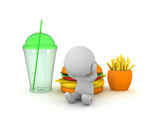 Stressed 3D Character in front of fast food menu