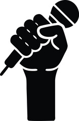 Raised fist confidently clutches a microphone symbolizing vocal power and freedom of speech on transparent background