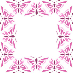 Fantasy square frame of pink butterflies. Soft cheerful ornament. Boho design in printed batik style. Romantic ethnic isolated png illustration on transparent background. Cute summer decor for girl