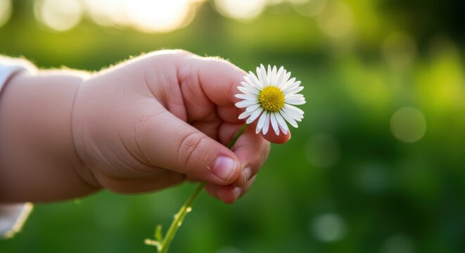 Child holding daisy flower outdoors