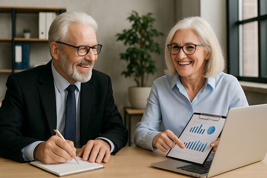 Two happy senior business colleagues collaborating at a modern office desk, smiling as they analyze financial data and discuss charts on a clipboard and laptop