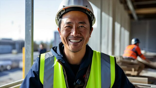 Smiling men bricklayer in work clothes on a construction site. Mason at work. Job. Asian bricklayer construction company. AI. Movie. Enterprise.

