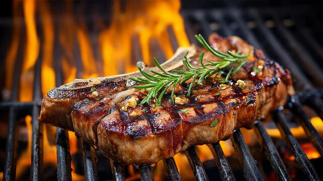 Grilled T-bone steak with rosemary and garlic on flaming barbecue grill during outdoor summer cooking