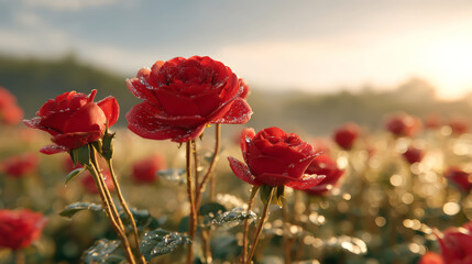 Dew-covered red roses bloom in a sunlit garden, highlighting their vibrant petals and fresh greenery in a serene morning setting.
