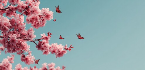 Delicate pink cherry blossoms and red butterflies against a pastel blue sky
