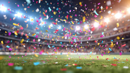 Colorful confetti rains down on a brightly lit stadium field, creating a festive and celebratory atmosphere during a large event.