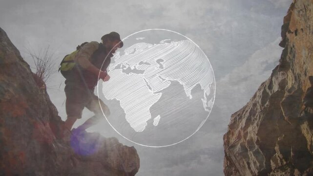Tech canyon view showing hiker leaning over gap, watching crescent turning globe then jumping chasm