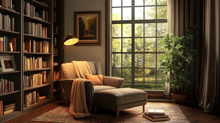Reading corner with comfy chair, lamp, and bookshelf
