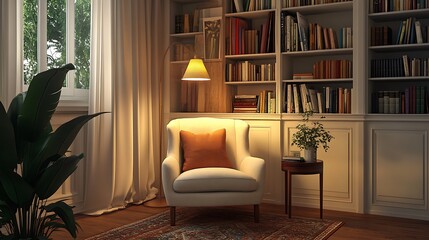 Reading corner with comfy chair, lamp, and bookshelf