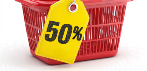  red shopping basket with yellow tag 