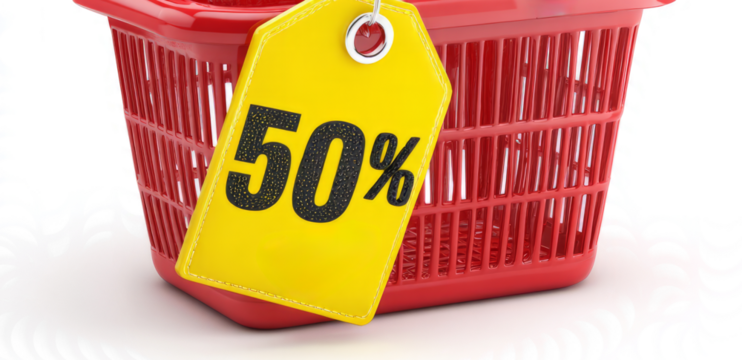 red shopping basket with yellow tag