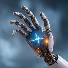 Innovate Medical Technology Advanced Robotic Hand with Glowing Heartbeat Symbol, Representing AI in Healthcare and Future of Medicine