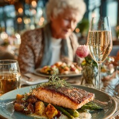 Elegant Restaurant Dining Delicious Pan Seared Salmon with Asparagus and Potatoes, Enjoyed by a Woman in a Sophisticated Setting