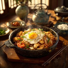 Authentic Asian Culinary Delight: Steaming Hot Noodle Dish with Fried Egg and Savory Ingredients in a Traditional Skillet Setting