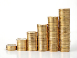 Stacks of gold coins arranged in ascending order on a white surface reflecting light upwards