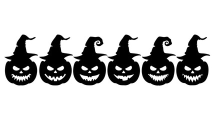Set of black pumpkins in hats silhouette on tranparent background